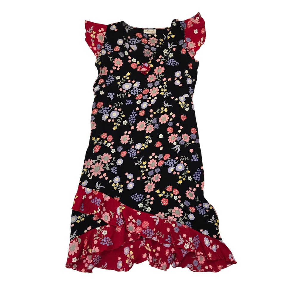 Sareet Floral Fruit Print Asymmetrical Ruffle Midi Dress Black Red V-Neck Rayon
